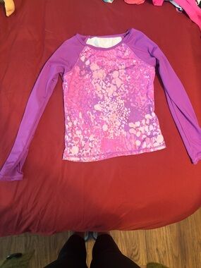 Lands' End Girls' Long-Sleeve Swim Rashguard in Purple and Pink Pattern